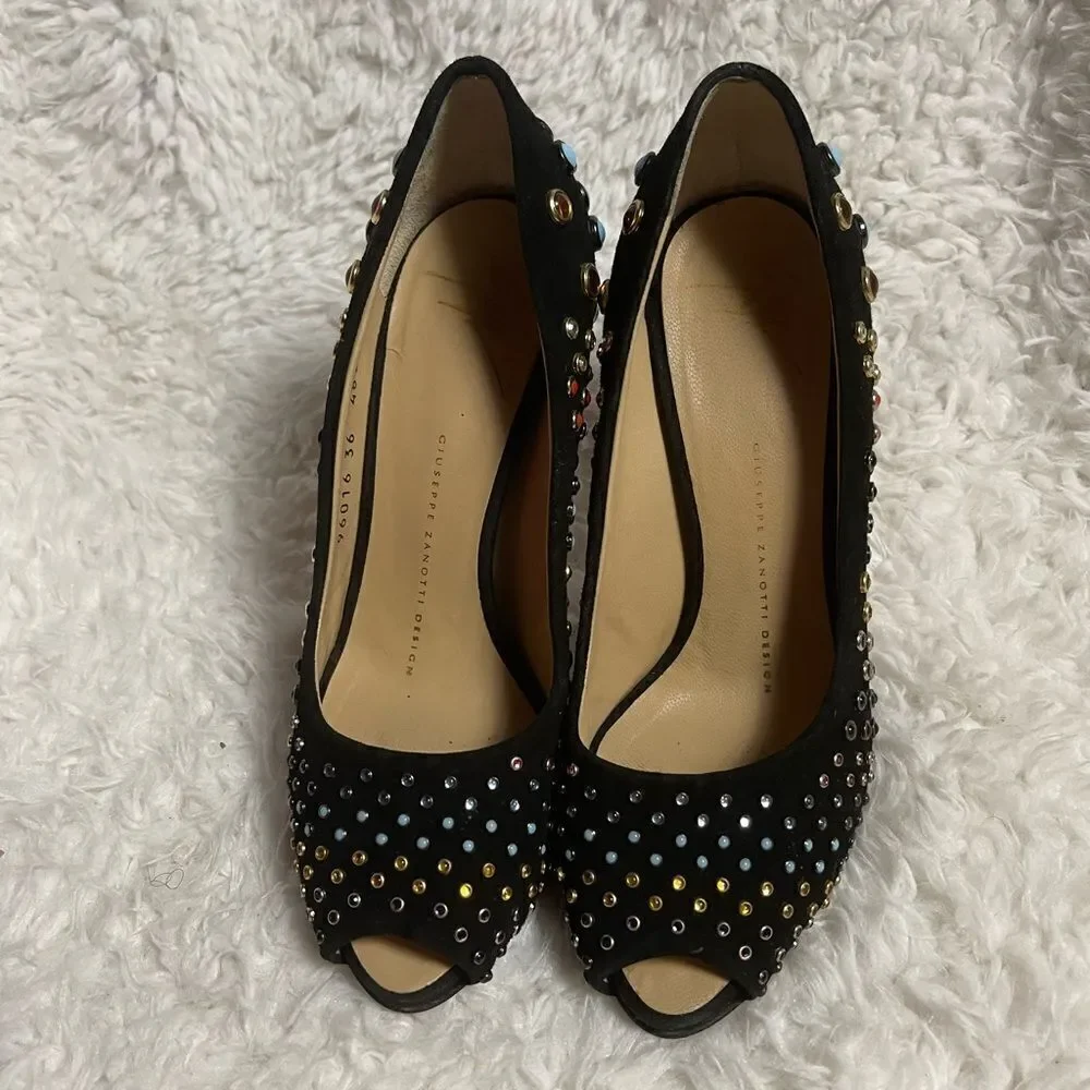 Giuseppe Zanotti Black Suede multi color  studs Peep Toe Platform Pumps EUR SZ37